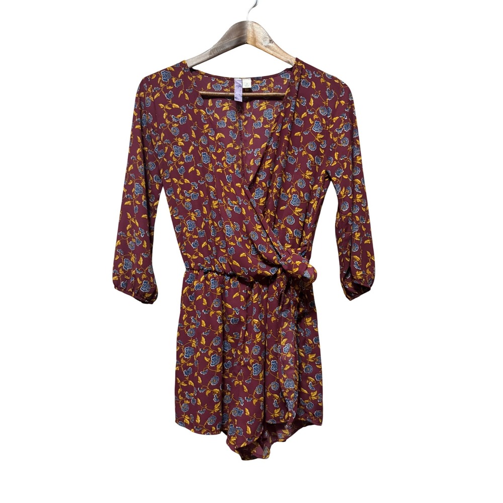 Alya Floral Romper Women Small Burgundy Excellent Wrap V-Neck Long Sleeve Pocket